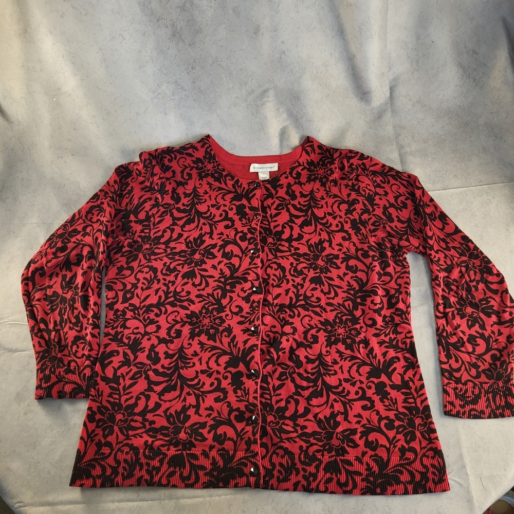 Christopher & Banks Women's L Red Black Floral Button Cardigan Cotton